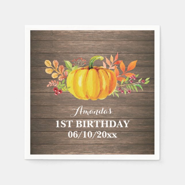 Rustic Fall Pumpkin Birthday Party Napkin (Front)