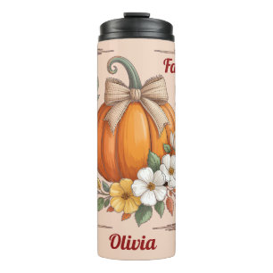 Rustic Fall Pumpkin Burlap Bow Wildflowers Autumn Thermal Tumbler
