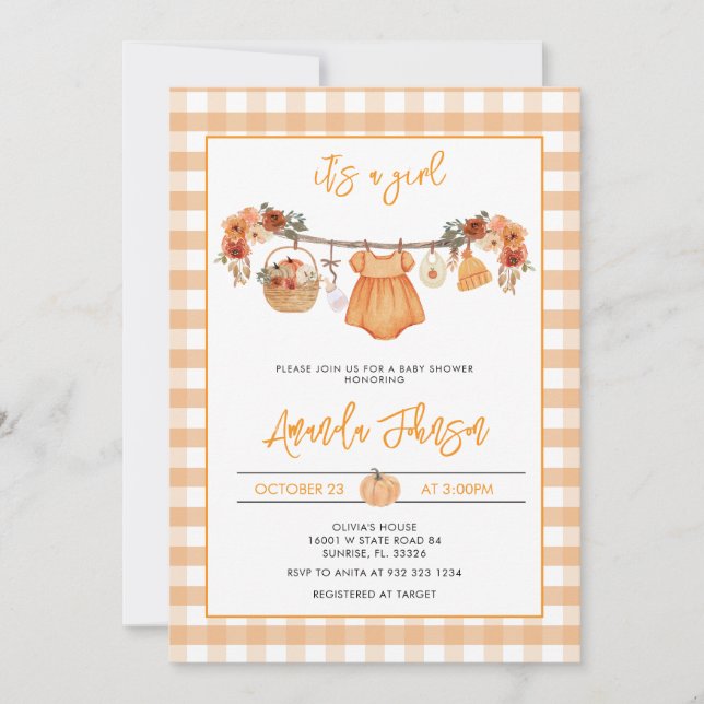 Rustic Fall Pumpkin Clothesline Baby Shower  Invitation (Front)