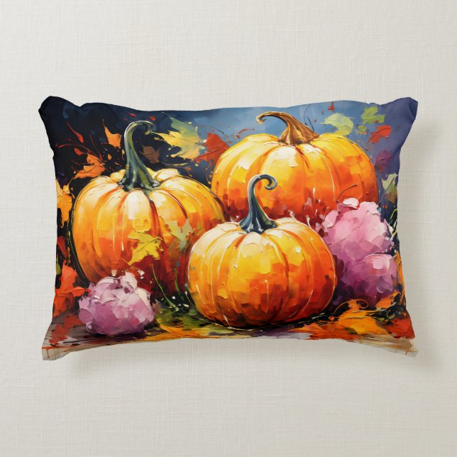 Rustic Fall Pumpkin Colourful Autumn Leaves Accent Pillow (Front)