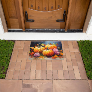 Rustic Fall Pumpkin Colourful Autumn Leaves Doormat