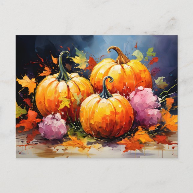Rustic Fall Pumpkin Colourful Autumn Leaves Holiday Postcard (Front)