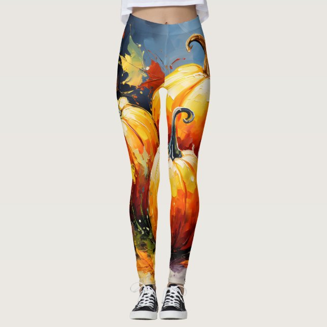 Rustic Fall Pumpkin Colourful Autumn Leaves Leggings (Front)