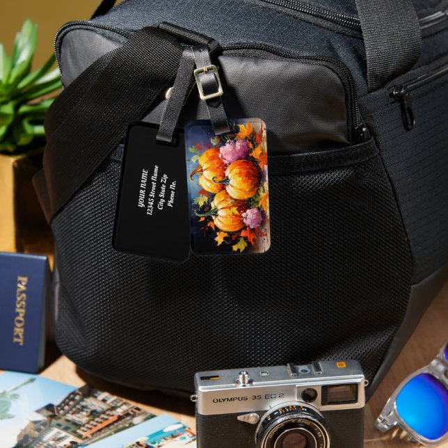 Rustic Fall Pumpkin Colourful Autumn Leaves Luggage Tag (Front & Back)