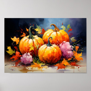 Rustic Fall Pumpkin Colourful Autumn Leaves Poster