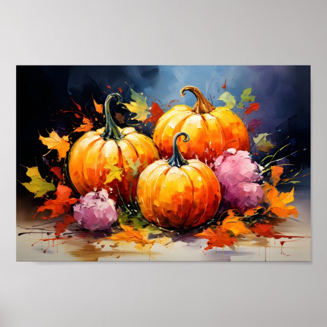 Rustic Fall Pumpkin Colourful Autumn Leaves Poster (Front)