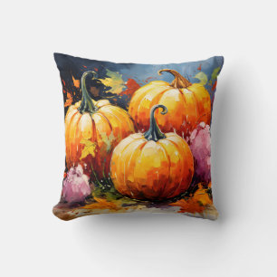 Rustic Fall Pumpkin Colourful Autumn Leaves Throw Pillow