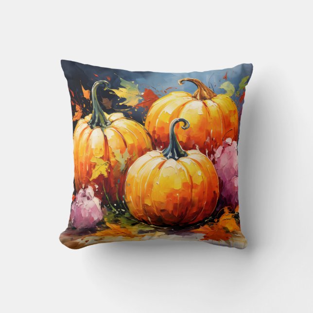 Rustic Fall Pumpkin Colourful Autumn Leaves Throw Pillow (Front)