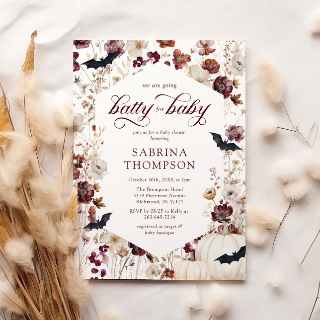 Rustic Fall Pumpkin, Floral & Bat Baby Shower Invitation (Creator Uploaded)