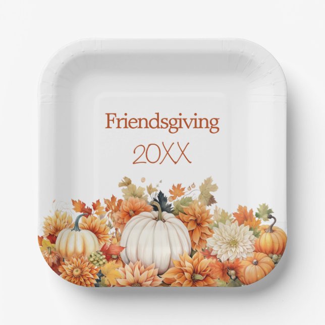 Rustic Fall Pumpkin Floral Friendsgiving Year Paper Plate (Front)