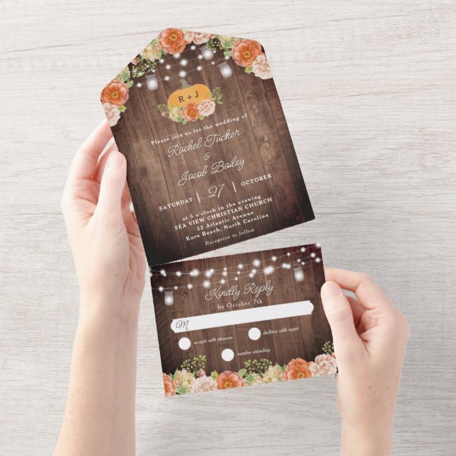 Rustic Fall Pumpkin Jar Lights Wedding All In One Invitation (Tearaway)