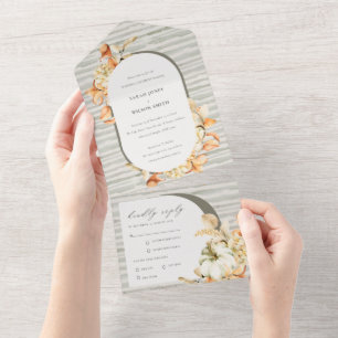 Rustic Fall Pumpkin Leafy Floral Arch Wedding All In One Invitation