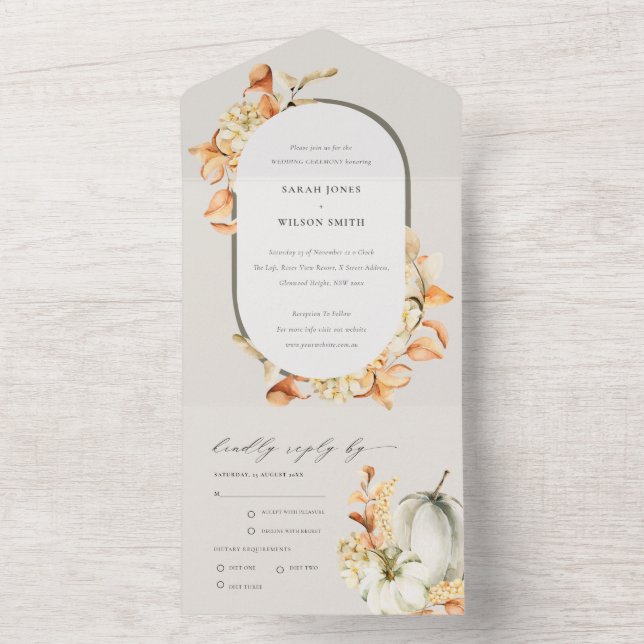 Rustic Fall Pumpkin Leafy Floral Arch Wedding All In One Invitation (Inside)