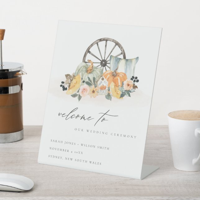 Rustic Fall Pumpkin Leafy Floral Wedding Welcome Pedestal Sign (In SItu)