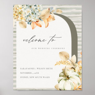 Rustic Fall Pumpkin Leafy Floral Wedding Welcome Poster