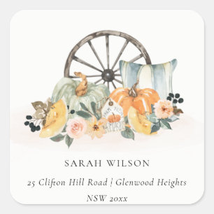 Rustic Fall Pumpkin Leafy Floral Wheel Address Square Sticker
