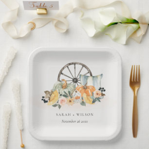 Rustic Fall Pumpkin Leafy Floral Wheel Wedding Paper Plate