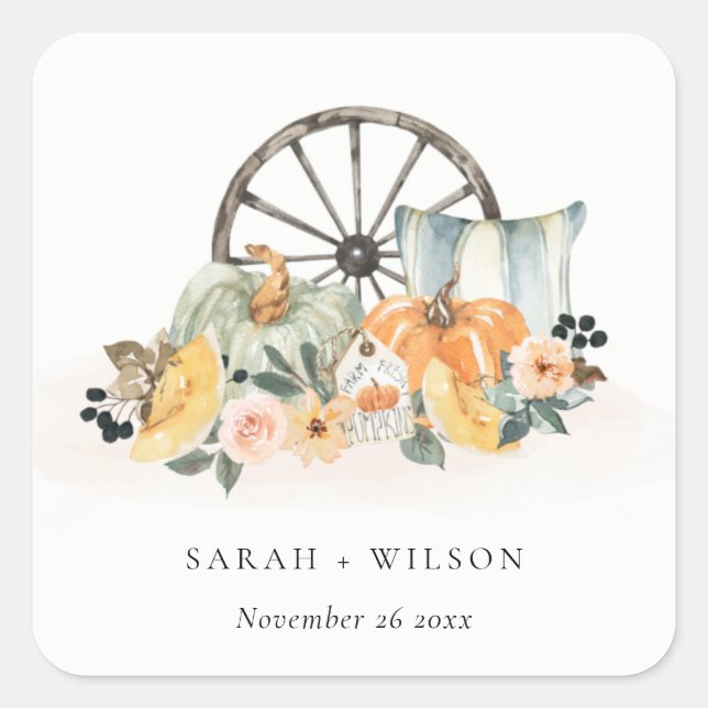 Rustic Fall Pumpkin Leafy Floral Wheel Wedding Square Sticker (Front)