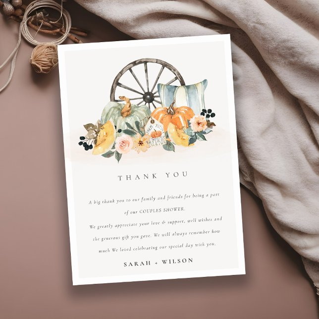 Rustic Fall Pumpkin Leafy Floral Wheel Wedding Thank You Card (Creator Uploaded)