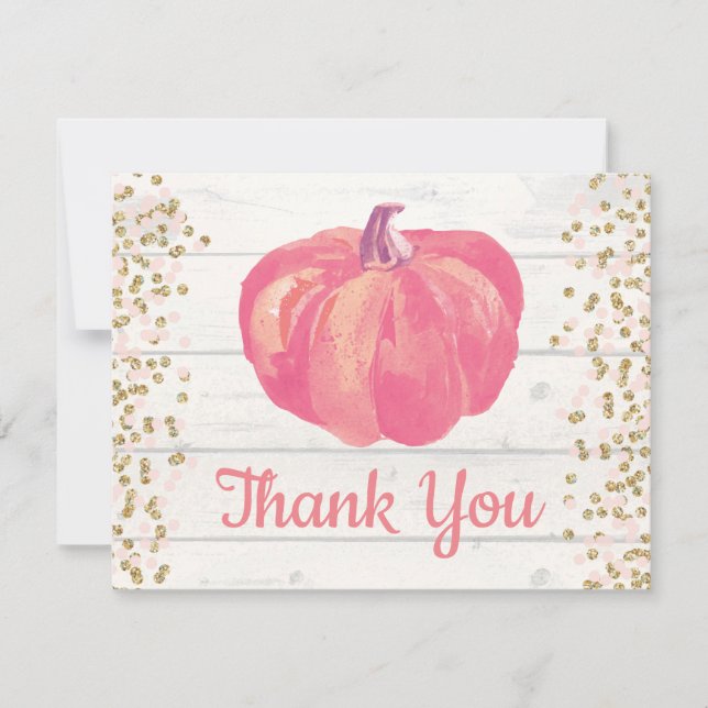 Rustic Fall Pumpkin Pink Gold Glitter Confetti Thank You Card (Front)