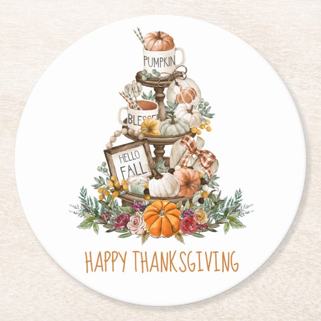 Rustic Fall Pumpkins Happy Thanksgiving Round Paper Coaster (Front)