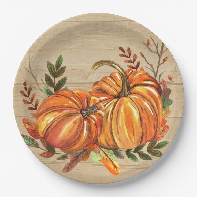 Rustic Fall Pumpkins Leaves Paper Plate (Front)