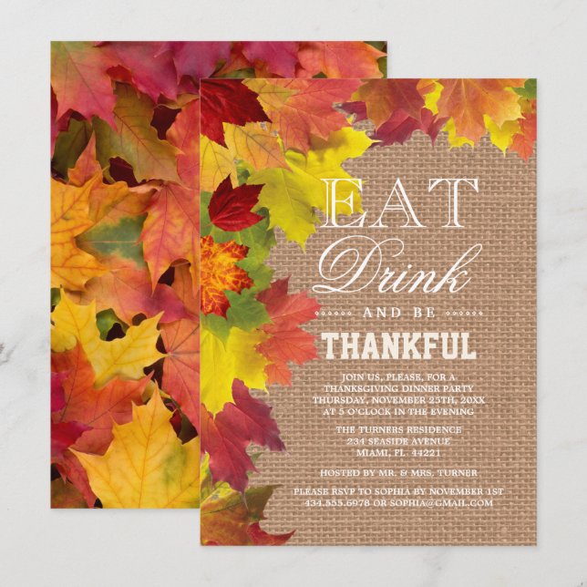 Rustic Fall quitte Burlap Thanksgiving Invitation (Devant / Derrière)