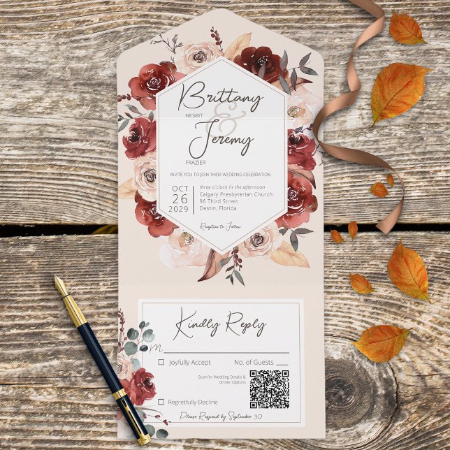 Rustic Fall Rust Floral on Cream QR Code All In One Invitation (Creator Uploaded)