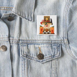 Rustic Fall Scarecrow with Pumpkins and Crow  2 Inch Square Button