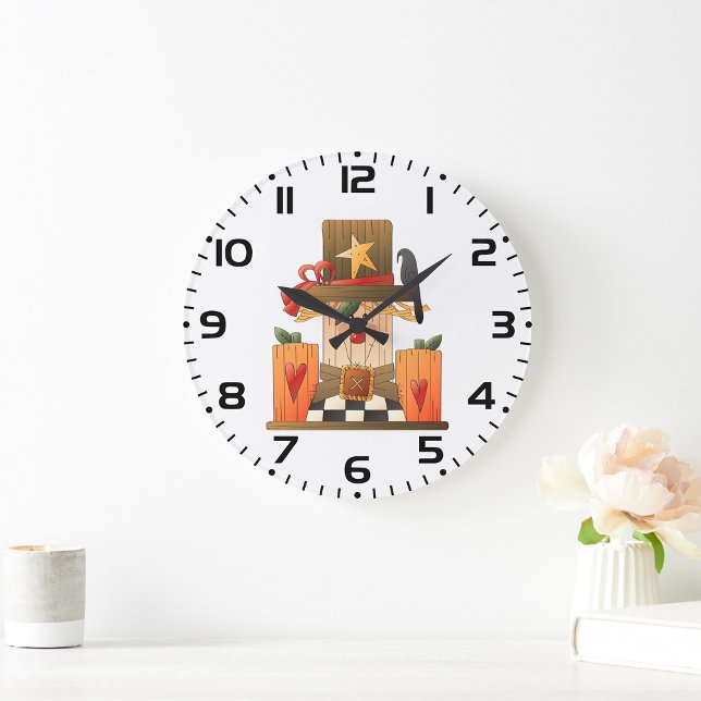 Rustic Fall Scarecrow with Pumpkins and Crow  Large Clock (Creator Uploaded)