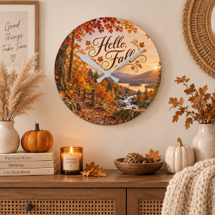 Rustic Fall Season Illustration Round Clock