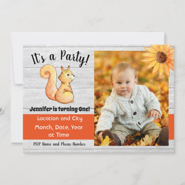 Rustic Fall Squirrel Watercolor Birthday Party Invitation (Front)