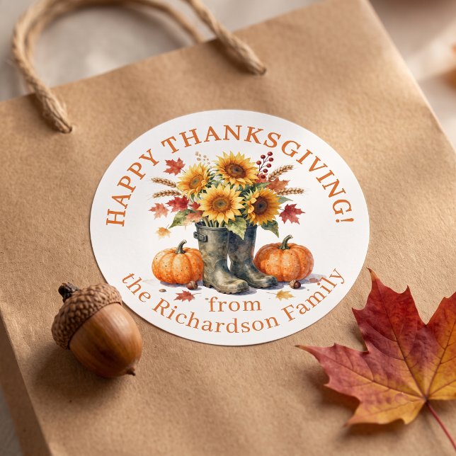 Rustic Fall Sunflower Boots Thanksgiving Greeting Classic Round Sticker (Creator Uploaded)
