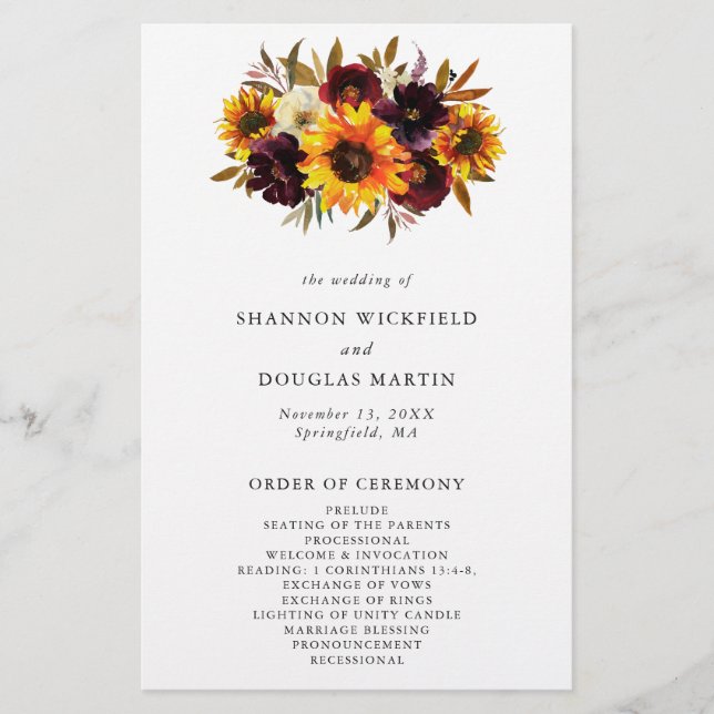 Rustic Fall Sunflower Budget Wedding Program (Front)