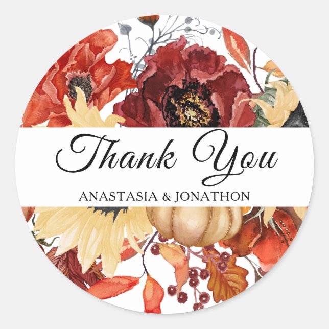 Rustic Fall Sunflower Floral Pumpkin Wedding Classic Round Sticker (Front)