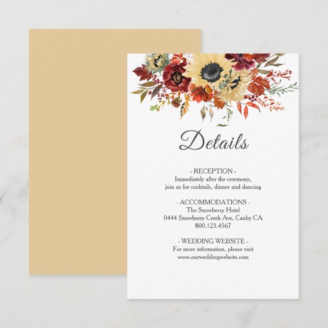Rustic Fall Sunflower Floral Pumpkin Wedding Enclosure Card (Front/Back)