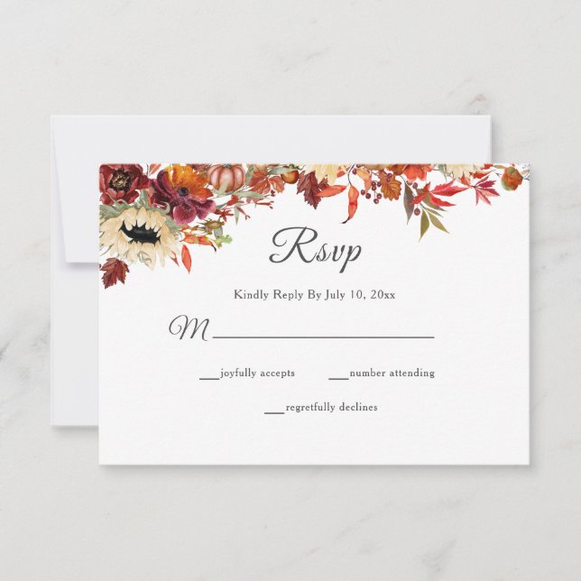 Rustic Fall Sunflower Floral Pumpkin Wedding RSVP Card (Front)