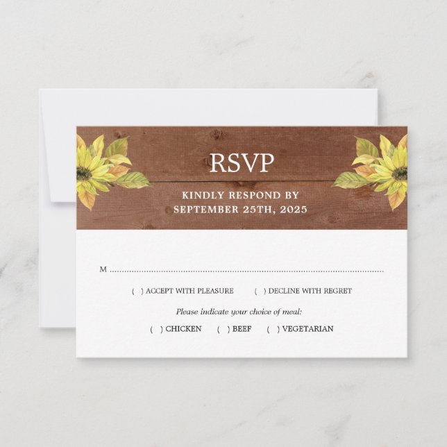 Rustic Fall Sunflower Lantern Wood Wedding RSVP Card (Front)