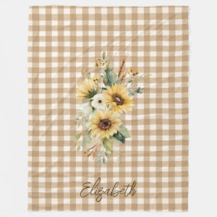 Rustic Fall Sunflowers Brown Gingham Personalized  Fleece Blanket
