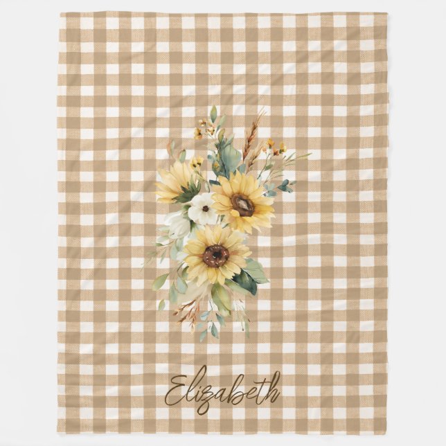 Rustic Fall Sunflowers Brown Gingham Personalized  Fleece Blanket (Front)
