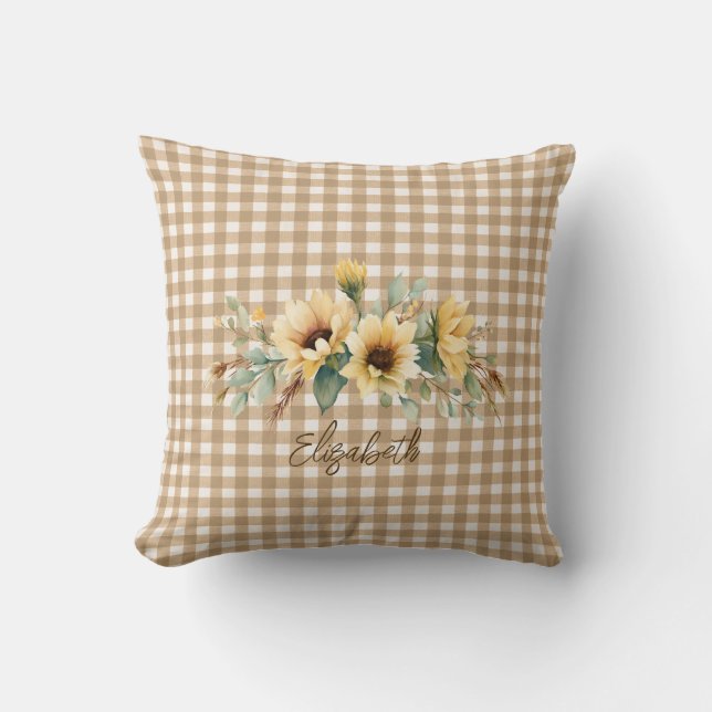 Rustic Fall Sunflowers Brown Gingham Personalized  Throw Pillow (Front)