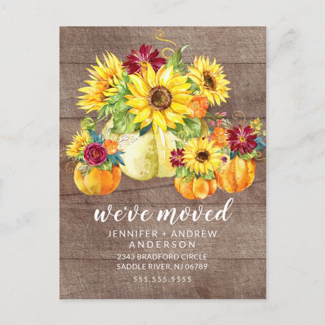 Rustic Fall Sunflowers Pumpkin Moving Announcement Postcard (Front)