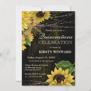Rustic Fall Sunflowers Wood and Lights Quinceanera Invitation