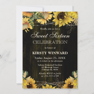 Rustic Fall Sunflowers Wood and Lights Sweet 16 Invitation
