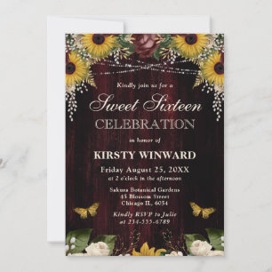 Rustic Fall Sunflowers Wood and Lights Sweet 16 Invitation