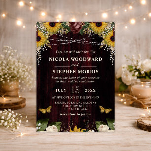 Rustic Fall Sunflowers Wood and Lights Wedding Invitation