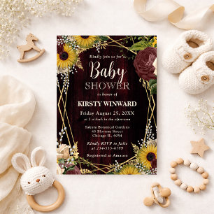 Rustic Fall Sunflowers Wood Frame Baby Shower Invitation