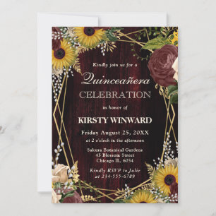 Rustic Fall Sunflowers Wood Frame Quinceanera Invitation