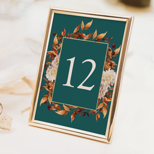 Rustic Fall Table Number (Rustic Watercolor Copper Fall Leaves Teal Decor Table Number by Painted Paperie
)