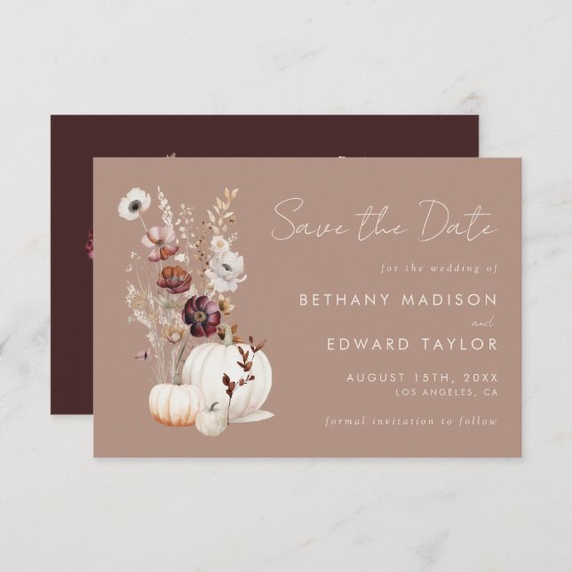 Rustic Fall Taupe Floral Pumpkin Wedding Save The Date (Front/Back)